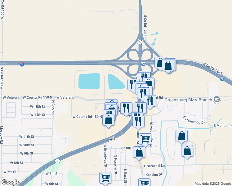 map of restaurants, bars, coffee shops, grocery stores, and more near 2301 North Broadway Street in Greensburg