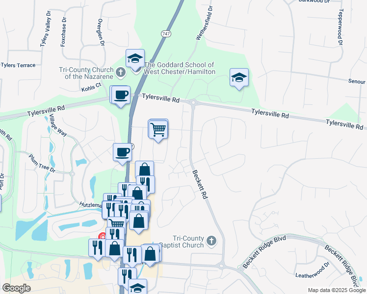map of restaurants, bars, coffee shops, grocery stores, and more near 8203 Park Place Circle in Beckett Ridge