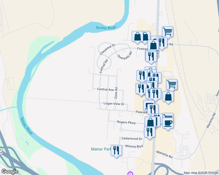 map of restaurants, bars, coffee shops, grocery stores, and more near 346 Midland Road in Chillicothe