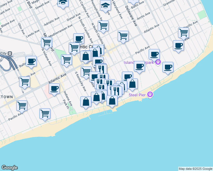 map of restaurants, bars, coffee shops, grocery stores, and more near 215 South Tennessee Avenue in Atlantic City