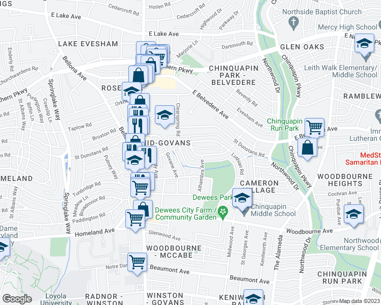 map of restaurants, bars, coffee shops, grocery stores, and more near 5634 Alhambra Avenue in Baltimore