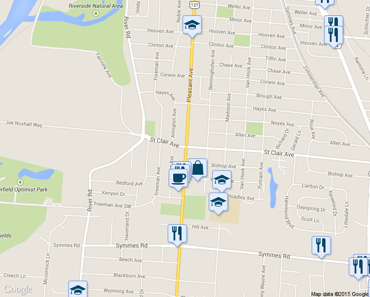 map of restaurants, bars, coffee shops, grocery stores, and more near 3880 Pleasant Avenue in Hamilton