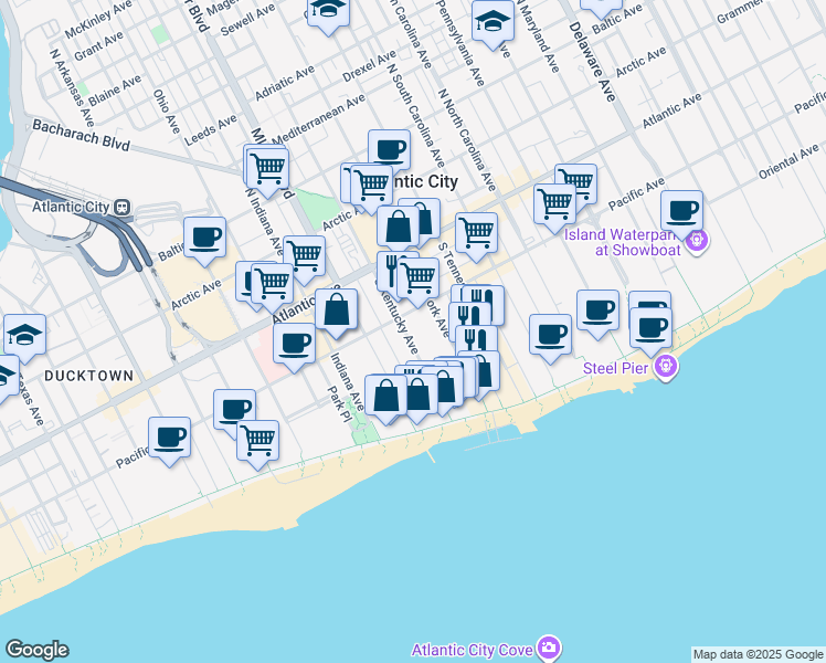 map of restaurants, bars, coffee shops, grocery stores, and more near 127 South Kentucky Avenue in Atlantic City