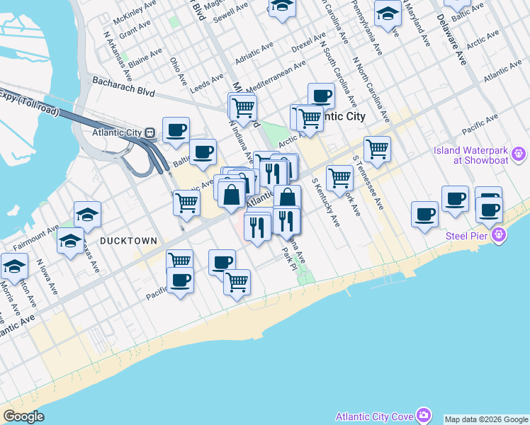 map of restaurants, bars, coffee shops, grocery stores, and more near 1809 Pacific Avenue in Atlantic City
