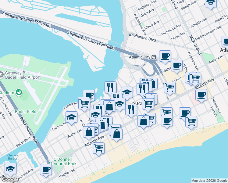map of restaurants, bars, coffee shops, grocery stores, and more near 2701 Fairmount Avenue in Atlantic City