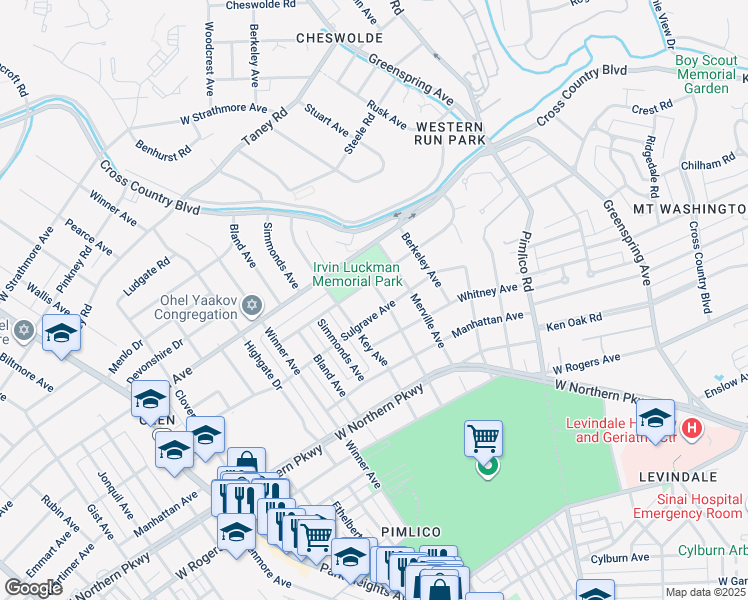 map of restaurants, bars, coffee shops, grocery stores, and more near 5804 Woodcrest Avenue in Baltimore