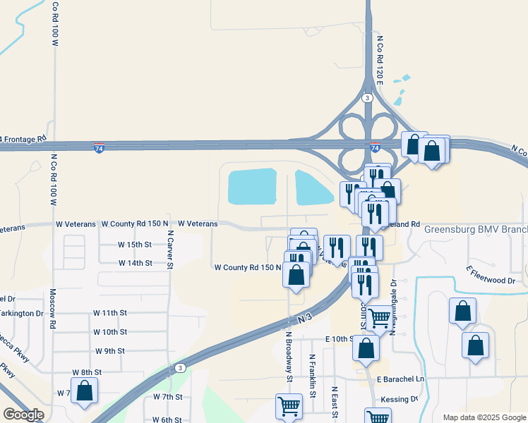 map of restaurants, bars, coffee shops, grocery stores, and more near Lake Point Drive in Greensburg