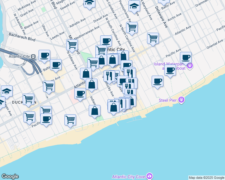 map of restaurants, bars, coffee shops, grocery stores, and more near 127 South Kentucky Avenue in Atlantic City