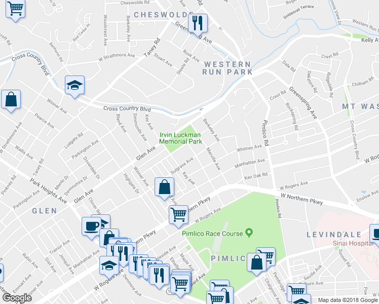 map of restaurants, bars, coffee shops, grocery stores, and more near 5804 Woodcrest Avenue in Baltimore