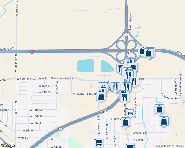 map of restaurants, bars, coffee shops, grocery stores, and more near 2301 North Broadway Street in Greensburg