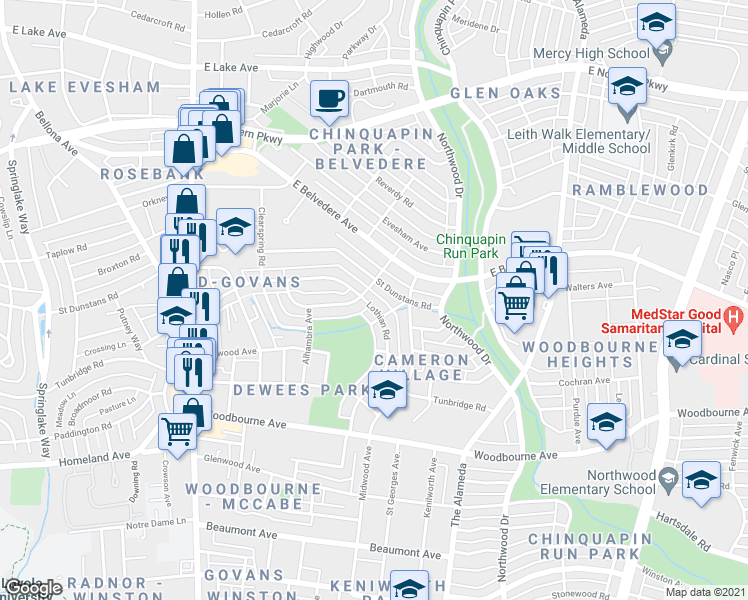 map of restaurants, bars, coffee shops, grocery stores, and more near 5647 Lothian Road in Baltimore
