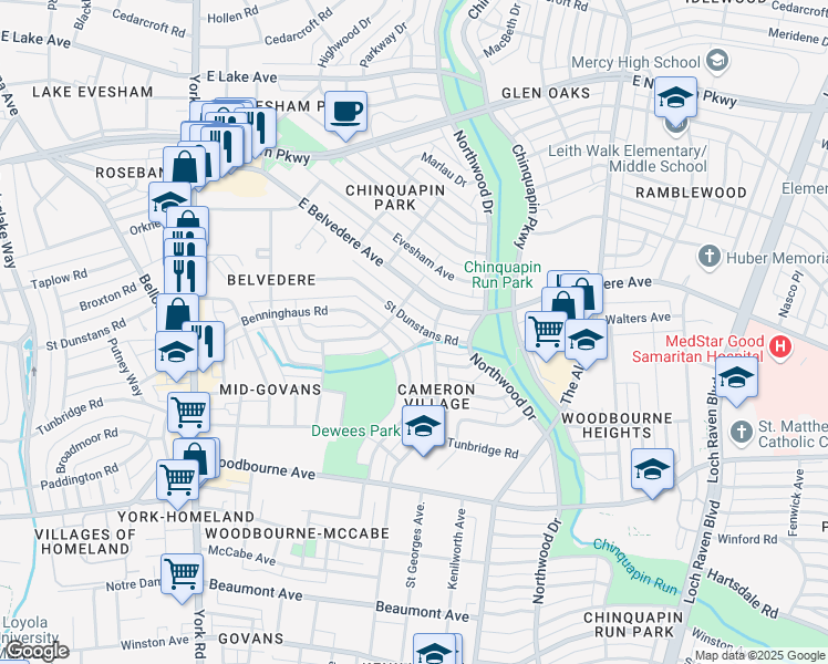 map of restaurants, bars, coffee shops, grocery stores, and more near 921 Saint Dunstans Road in Baltimore