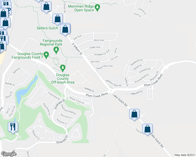 map of restaurants, bars, coffee shops, grocery stores, and more near 1185 South Gilbert Street in Castle Rock