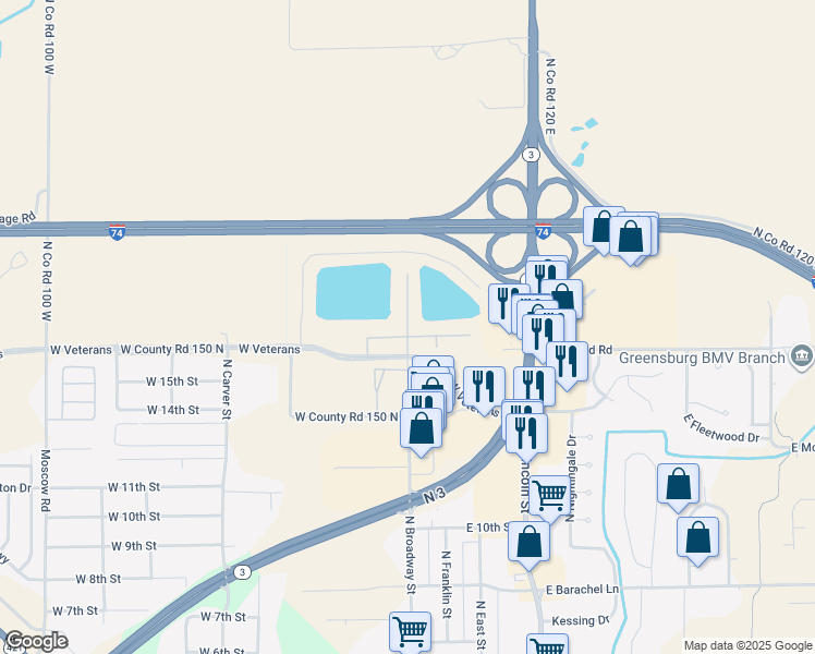 map of restaurants, bars, coffee shops, grocery stores, and more near 2301 North Broadway Street in Greensburg