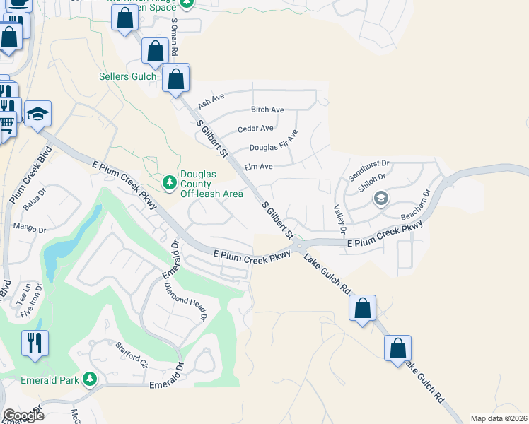 map of restaurants, bars, coffee shops, grocery stores, and more near 108 Baldwin Court in Castle Rock