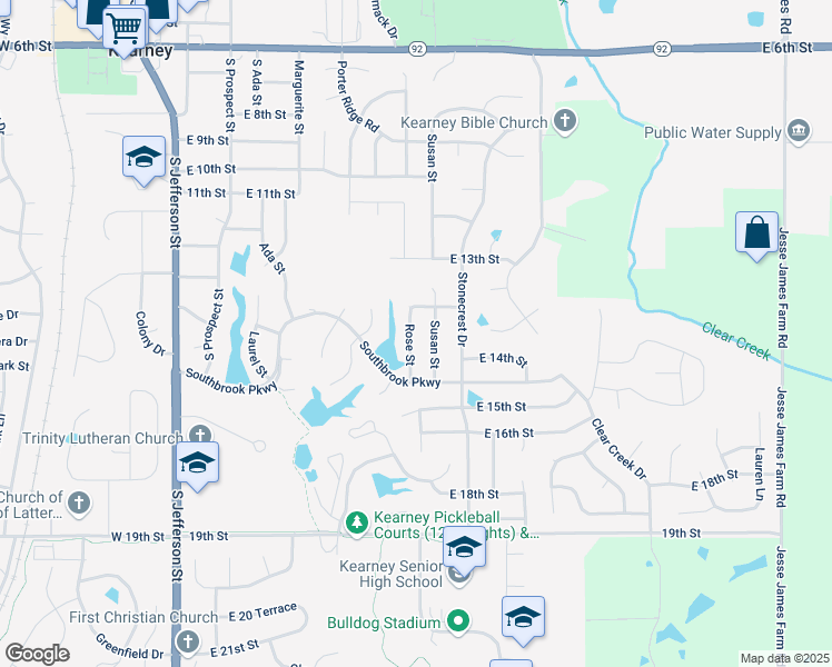 map of restaurants, bars, coffee shops, grocery stores, and more near 1313 Rose Street in Kearney