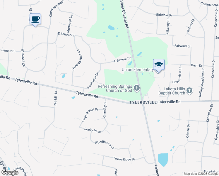 map of restaurants, bars, coffee shops, grocery stores, and more near 5918 Tylersville Road in Butler County