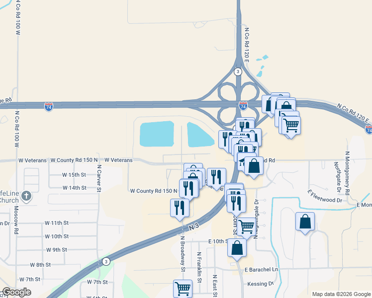 map of restaurants, bars, coffee shops, grocery stores, and more near 2301-2399 North Broadway Street in Greensburg