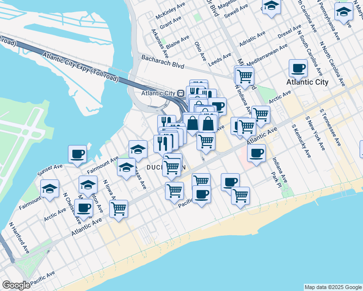 map of restaurants, bars, coffee shops, grocery stores, and more near 2200 Fairmount Avenue in Atlantic City
