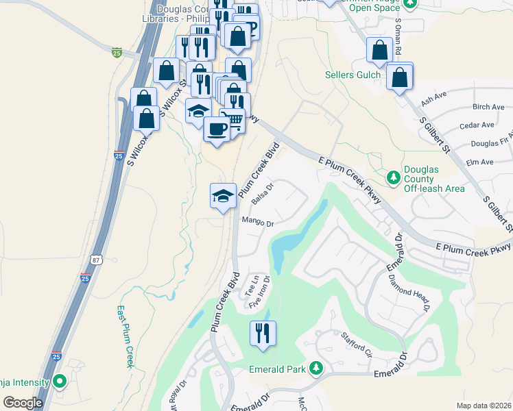 map of restaurants, bars, coffee shops, grocery stores, and more near 431 Balsa Drive in Castle Rock