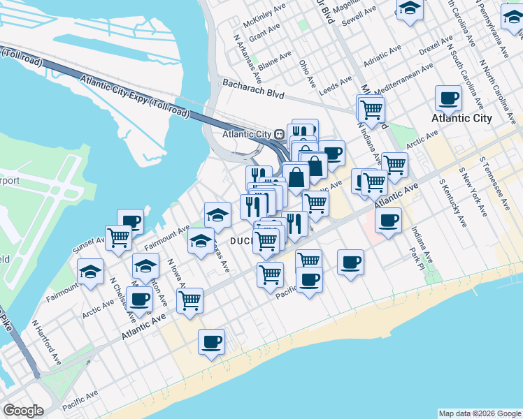 map of restaurants, bars, coffee shops, grocery stores, and more near 2318 Fairmount Avenue in Atlantic City