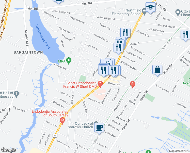 map of restaurants, bars, coffee shops, grocery stores, and more near 118 Parkwood Drive in Linwood