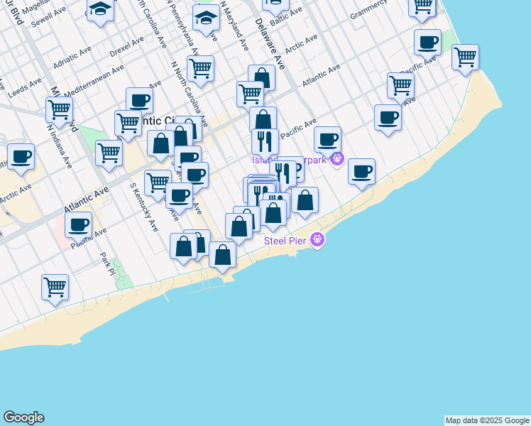 map of restaurants, bars, coffee shops, grocery stores, and more near 1133 Boardwalk in Atlantic City