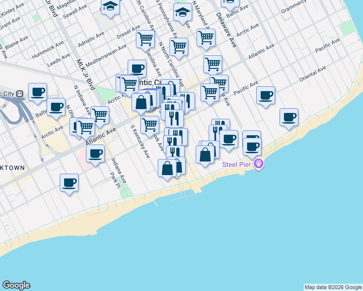 map of restaurants, bars, coffee shops, grocery stores, and more near 120 South South Carolina Avenue in Atlantic City
