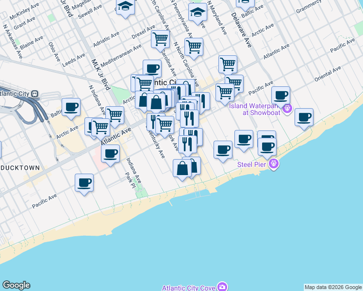 map of restaurants, bars, coffee shops, grocery stores, and more near 114 South Tennessee Avenue in Atlantic City
