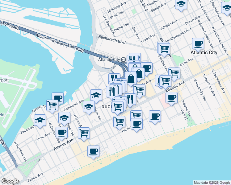 map of restaurants, bars, coffee shops, grocery stores, and more near 2318 Fairmount Avenue in Atlantic City