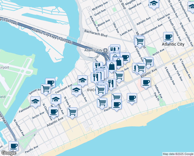 map of restaurants, bars, coffee shops, grocery stores, and more near 2318 Fairmount Avenue in Atlantic City