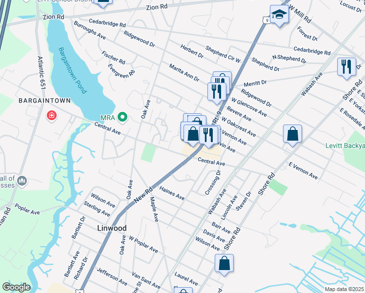 map of restaurants, bars, coffee shops, grocery stores, and more near 110 Parkwood Drive in Linwood