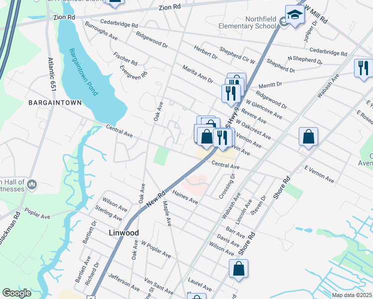 map of restaurants, bars, coffee shops, grocery stores, and more near 118 Parkwood Drive in Linwood