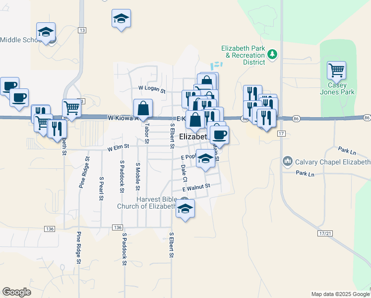 map of restaurants, bars, coffee shops, grocery stores, and more near 233 South Pine Street in Elizabeth
