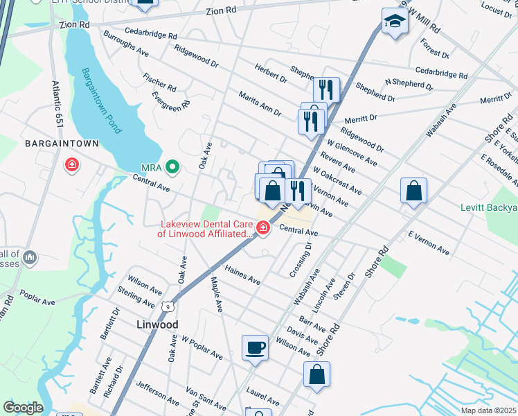 map of restaurants, bars, coffee shops, grocery stores, and more near 432 Central Avenue in Linwood