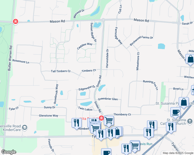 map of restaurants, bars, coffee shops, grocery stores, and more near 6341 Timbers Court in Mason