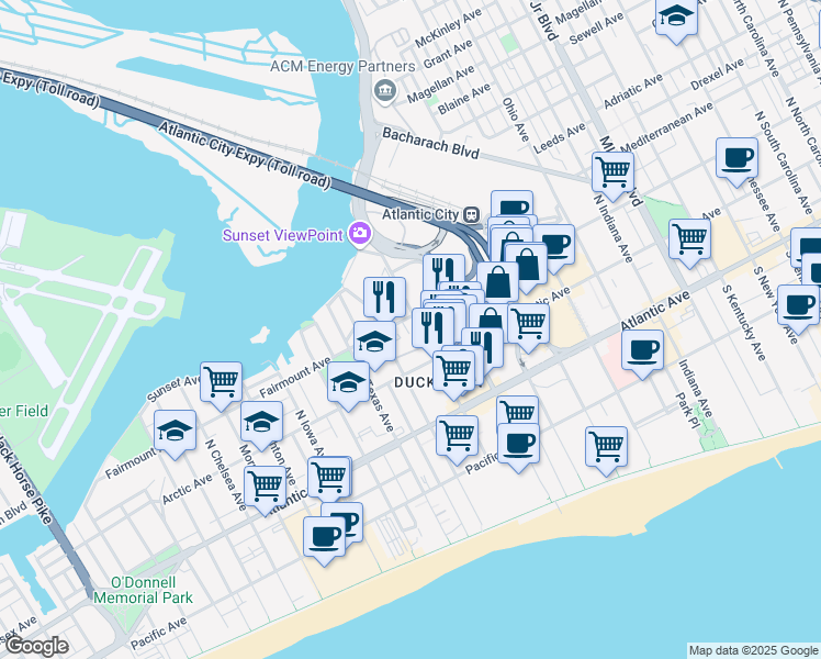 map of restaurants, bars, coffee shops, grocery stores, and more near 5 Liberty Terrace in Atlantic City