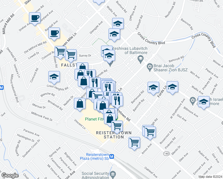 map of restaurants, bars, coffee shops, grocery stores, and more near 3921 Clarinth Road in Baltimore