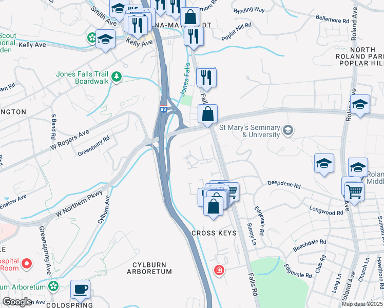 map of restaurants, bars, coffee shops, grocery stores, and more near 115 Cross Keys Road in Baltimore
