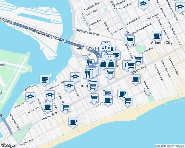 map of restaurants, bars, coffee shops, grocery stores, and more near 2200 Fairmount Avenue in Atlantic City