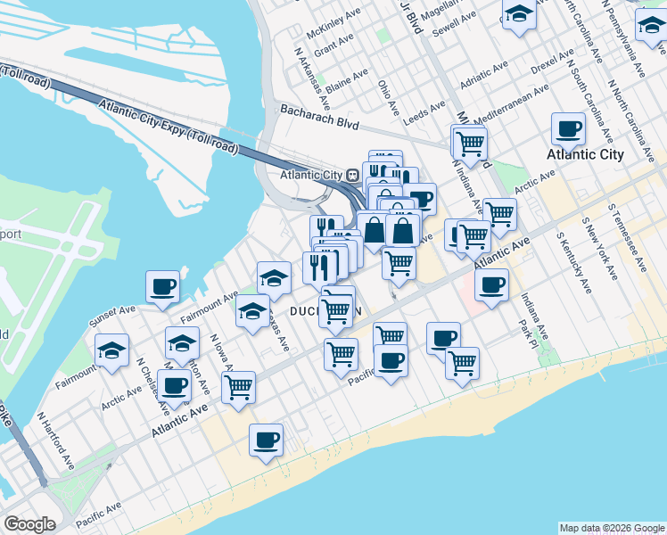 map of restaurants, bars, coffee shops, grocery stores, and more near 2200 Fairmount Avenue in Atlantic City