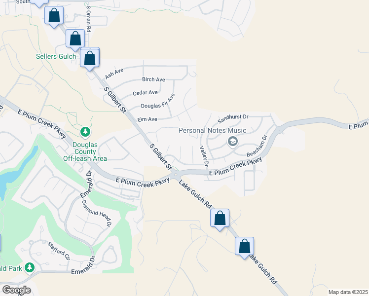 map of restaurants, bars, coffee shops, grocery stores, and more near 1208 Snowberry Lane in Castle Rock