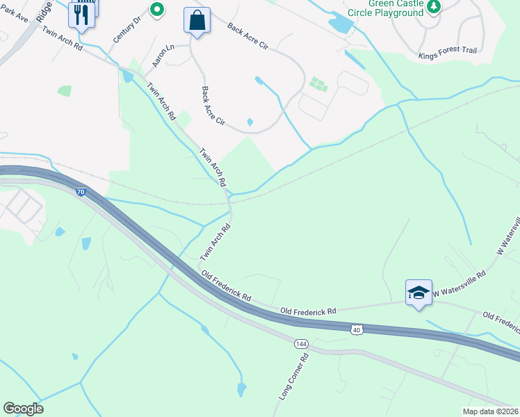 map of restaurants, bars, coffee shops, grocery stores, and more near 417 Twin Arch Road in Mount Airy