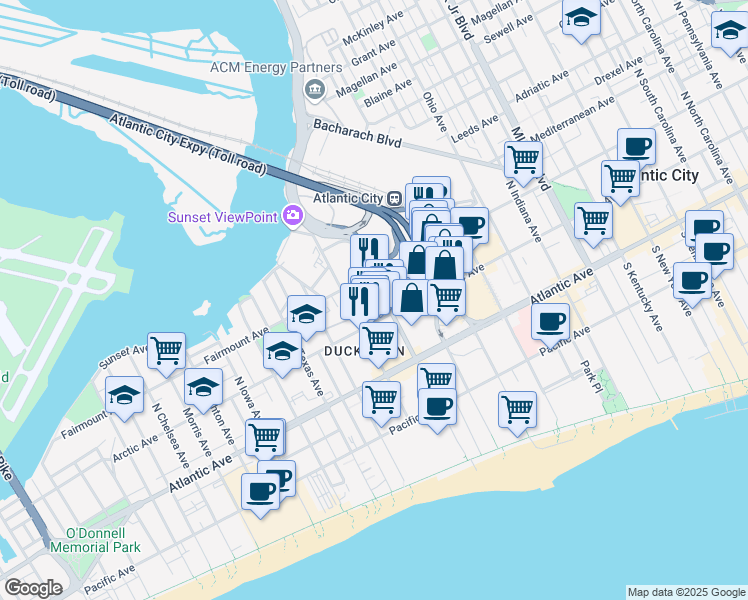 map of restaurants, bars, coffee shops, grocery stores, and more near 2200 Fairmount Avenue in Atlantic City
