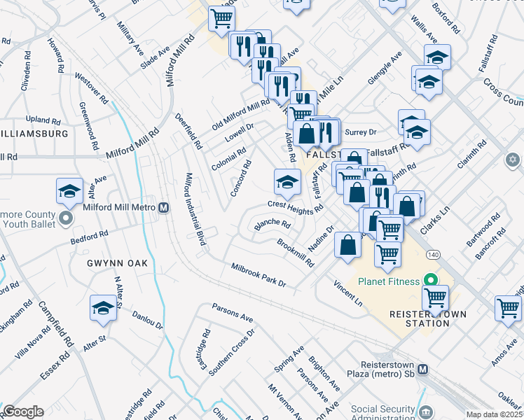 map of restaurants, bars, coffee shops, grocery stores, and more near 4353 Crest Heights Road in Baltimore