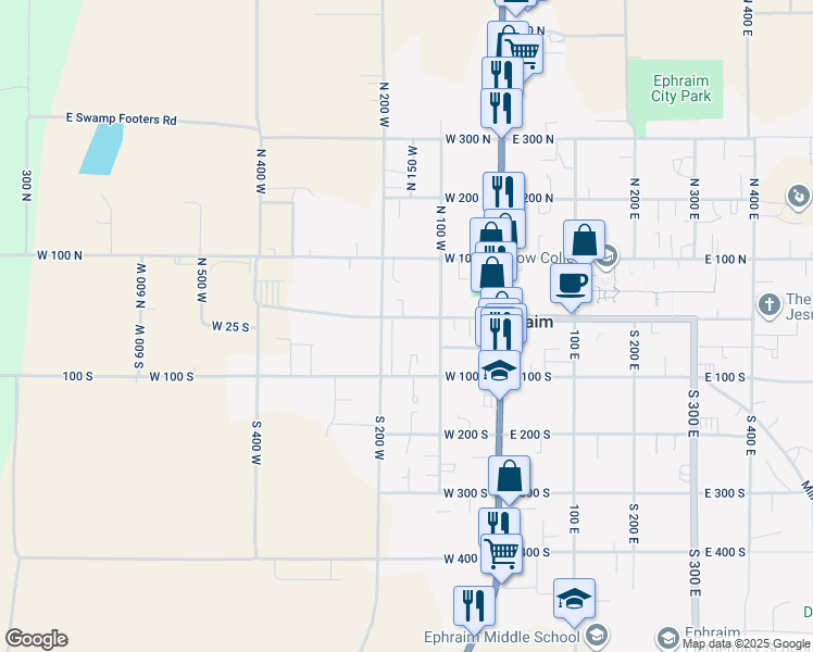 map of restaurants, bars, coffee shops, grocery stores, and more near 161 West Center Street in Ephraim
