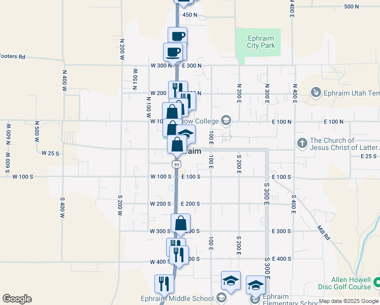 map of restaurants, bars, coffee shops, grocery stores, and more near 38 East Center Street in Ephraim