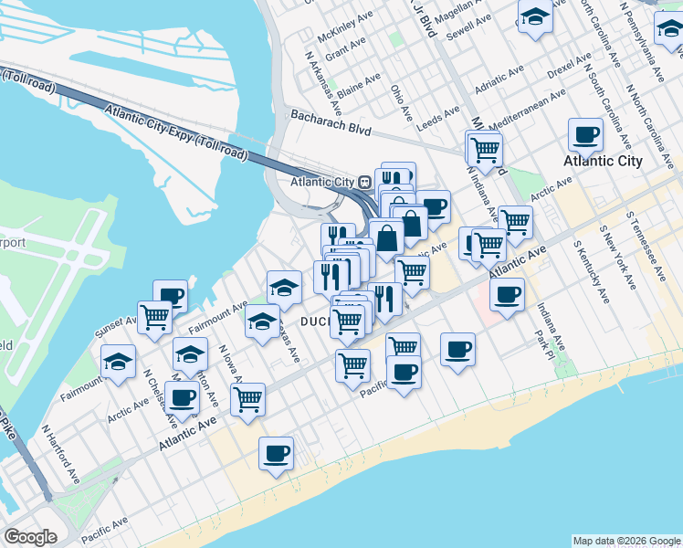 map of restaurants, bars, coffee shops, grocery stores, and more near 2318 Fairmount Avenue in Atlantic City