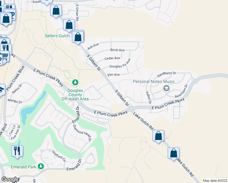 map of restaurants, bars, coffee shops, grocery stores, and more near 1165 South Gilbert Street in Castle Rock
