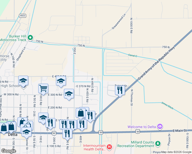 map of restaurants, bars, coffee shops, grocery stores, and more near 520 East 450 South in Delta